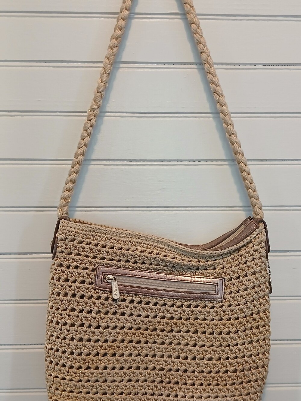 The Sak  Gold Metallic Crochet Shoulder Bag Bronze Trim  Shimmer Purse